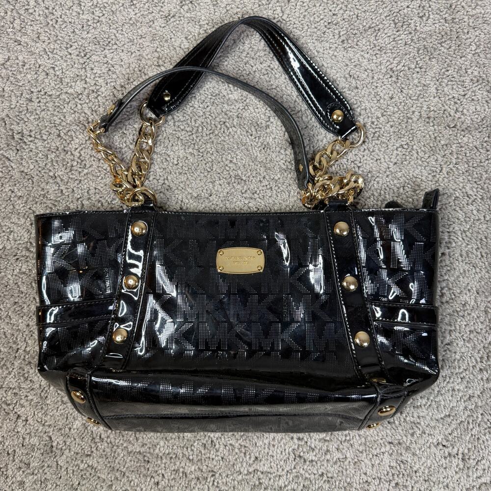 Michael Kors Shoulder Bag Womens Medium Black PVC Studded Chain Gold MK Logo